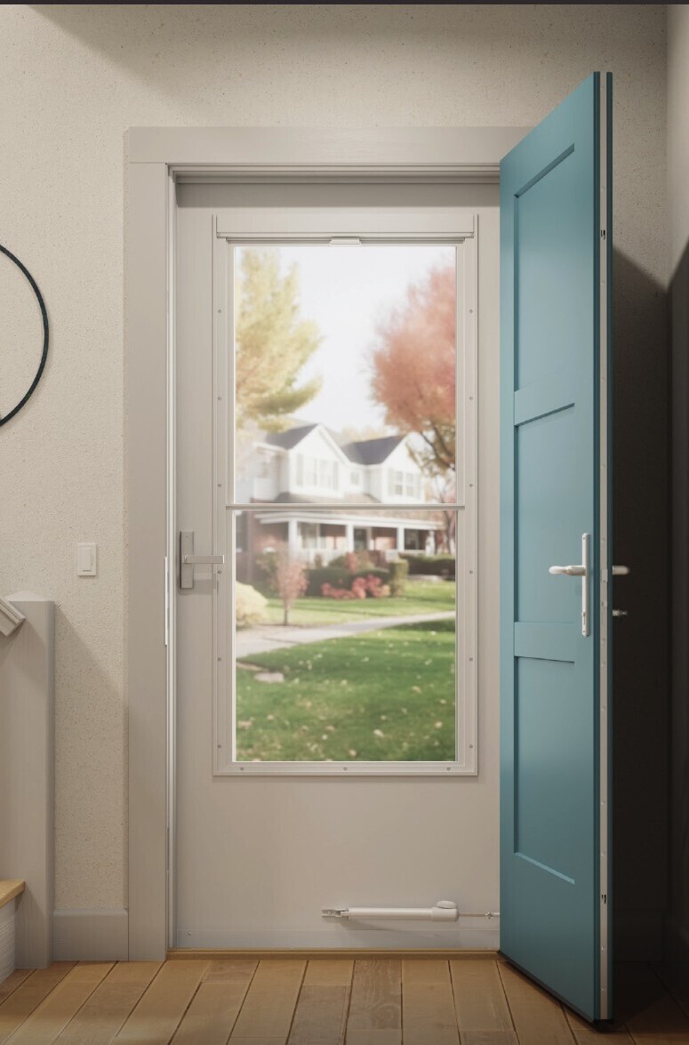 Modern storm door with sleek frame and double glass panels